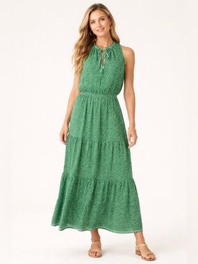 NWT Max Studio Green Printed Halter Tiered Maxi Dress Sz S